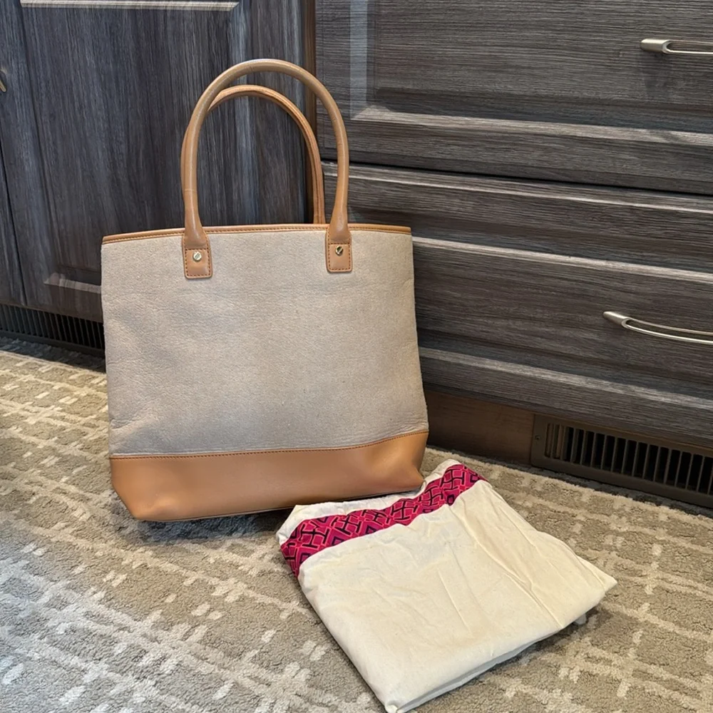 Tory Burch Beige Canvas and Tan Leather Tote